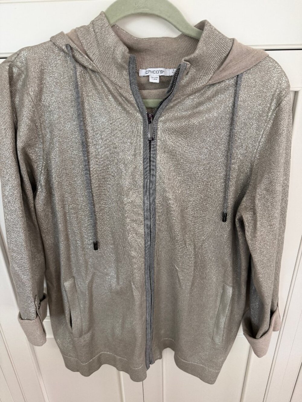 Chicos Gold Metallic Zip Front Hoodie Size 2